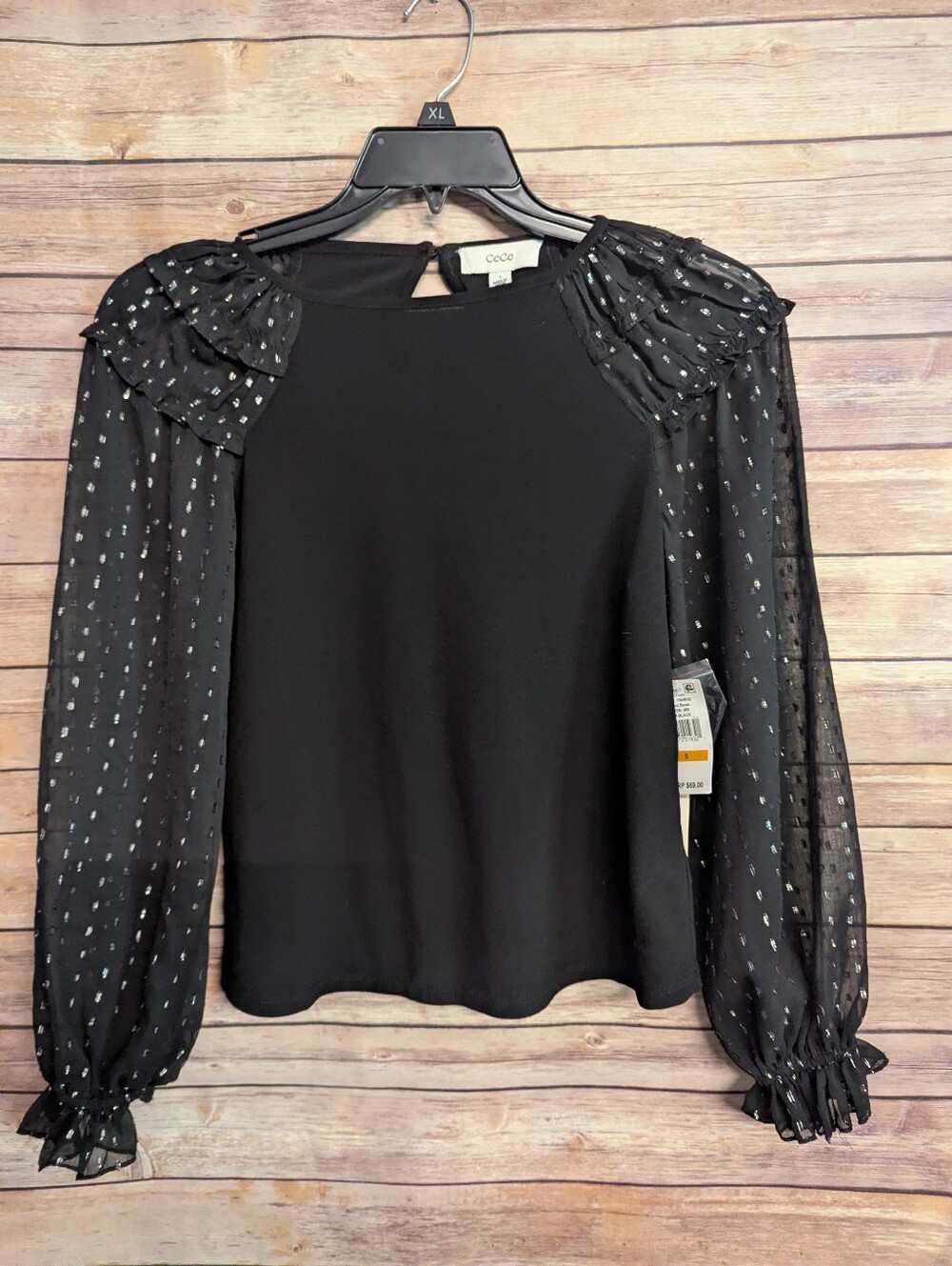 CeCe Blouse Women’s Small Black Metallic Dot Sheer Sleeve Ruffle Shoulder Top NW